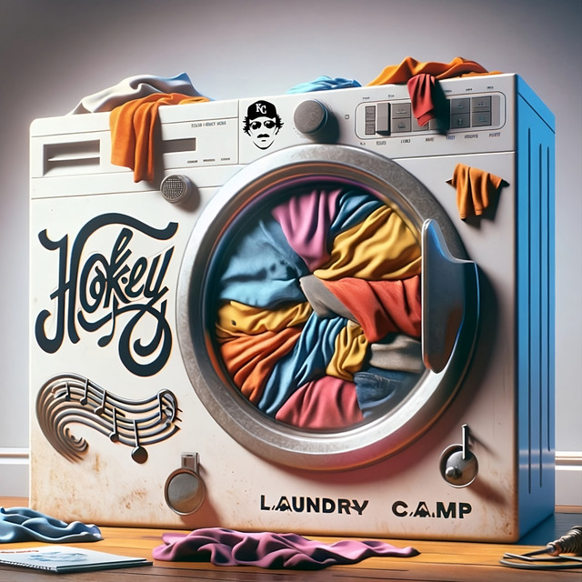 Laundry Camp album cover: a washing machine full of colorful clothes with the Hokey logo